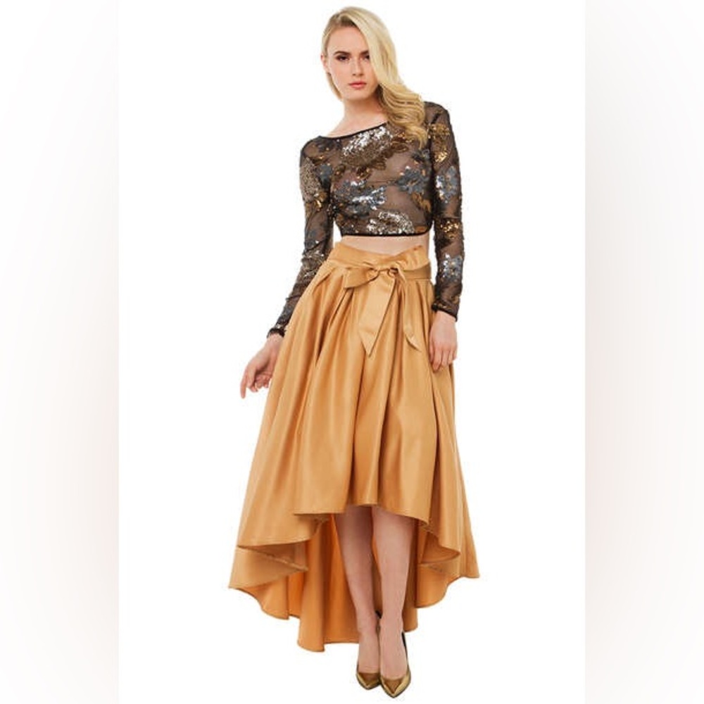 GRACIA Tie Hi Low Shine Skirt in gold